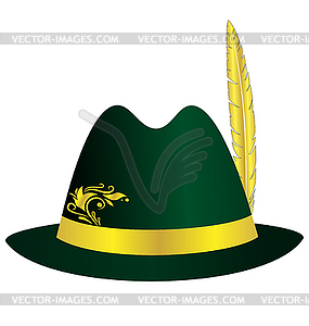 Green hat with golden feather, ribbon and ornament - vector clipart