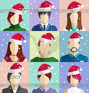 Set of Christmas People Faces in Hat in Snowfall - stock vector clipart