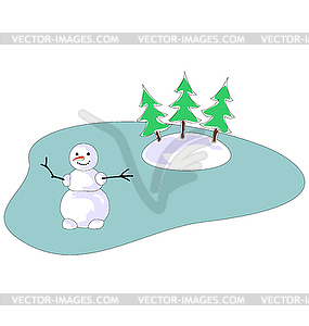 Snowman on Frozen Lake with Three Tree - vector image