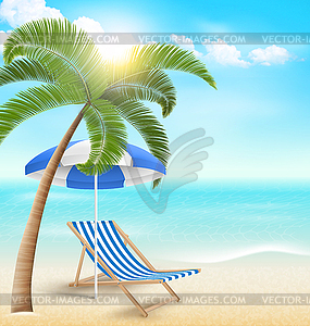 Пляж с пальмами облака зонтик и шезлонг - клипарт в векторе