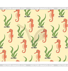 Seamless sea pattern. Orange seahorse and green - vector image