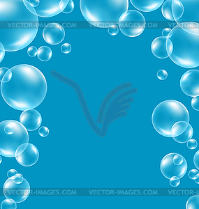 Transparent soap bubbles like frame on blue - vector image