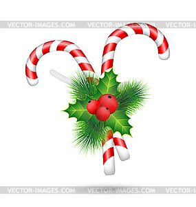 Candy canes with holly - vector image