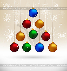 Christmas balls hanging like fir tree on beige - vector clipart