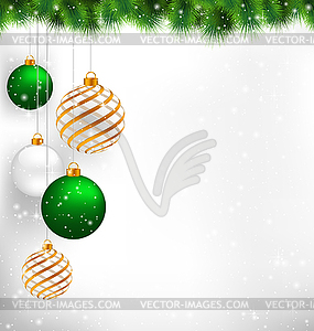 Golden spiral and green christmas balls with pine - vector image