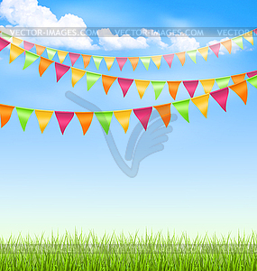 Grass lawn with bright buntings clouds on blue sky - vector clipart