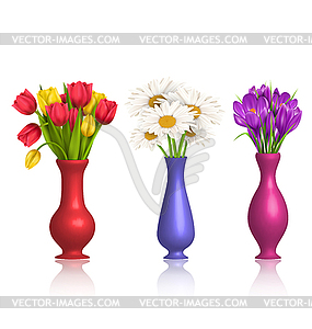 Tulips chamomiles and crocuses in vases with - vector image