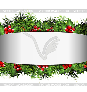 Gray blank frame with holly sprigs and pine branches - vector clipart