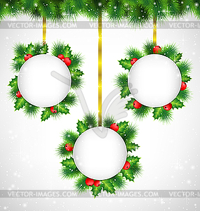 Holly frames on golden ribbons - vector clip art