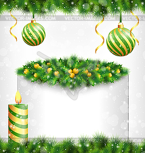Candle with holly, pine, Christmas balls and frame - vector clipart