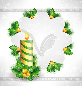 Candle with holly pine and frame on grayscale - vector clip art