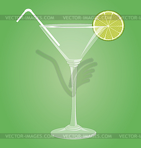 Empty glass for martini with lime and plastic tube - color vector clipart