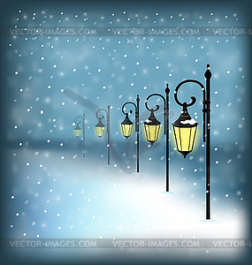 Lanterns stand in snowfall on blue - vector clipart / vector image