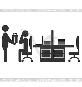 Flat office icon with giving gift worker - royalty-free vector clipart