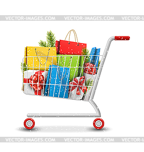 Christmas Winter Sale Shopping Cart with Bags Gift - vector image