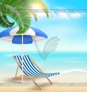 Beach with palm clouds sun umbrella and beach chair - vector image