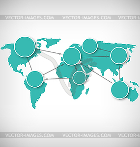 World Map with Circle Information Marks on Grayscale - vector clipart