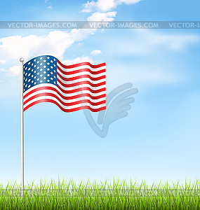 Wavy USA national flag with grass and clouds on sky - vector clipart