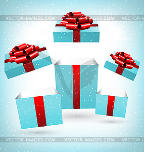 Opened blue gift boxes on blue - vector image