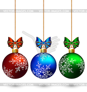 Three multicolored christmas balls with bows - vector image