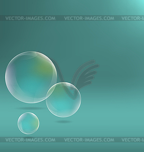 Three transparent soap bubbles with shadows on cyan - vector EPS clipart