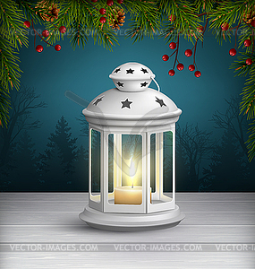 Christmas Lantern on Wooden Floor with Pine Branche - stock vector clipart