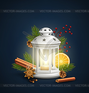 Christmas Lantern with Spices on Dark Blue - vector clip art