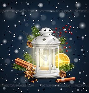 Christmas Lantern with Spices in Snowfall on Dark - vector image