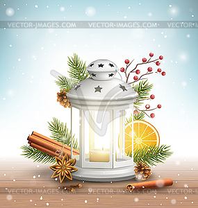 Christmas Lantern with Spices in Snowfall on - vector clipart