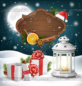 Christmas Lantern with Gift Boxes Wooden Frame and - vector image