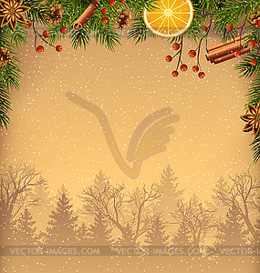 Pine Branches and Spices with Forest on Brown - royalty-free vector image