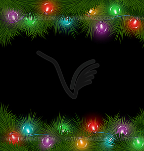 Multicolored Christmas lights on pine branches on - vector clip art
