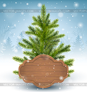 Christmas Tree with Wooden Frame in Snow on Wooden - vector image