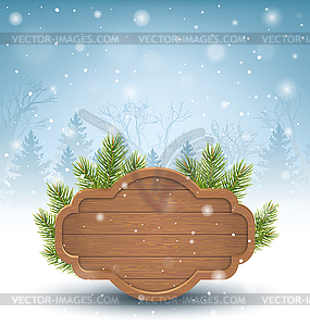 Wooden Frame with Pine Branches in Snow on Blue - vector EPS clipart