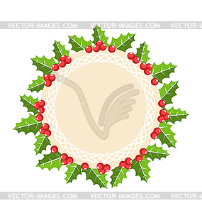 Circle Christmas Label Icon Flat with Holly Sprigs - vector clipart