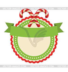 Circle Christmas Label Icon Flat with Candy Cane - vector clipart