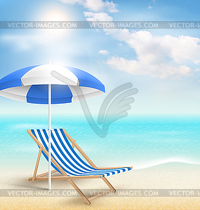 Beach with sun umbrella beach chair and clouds. - vector image