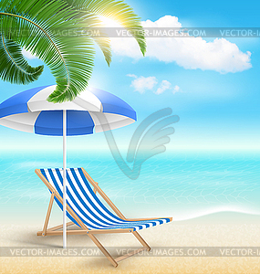 Beach with Palm Clouds Sun Beach Umbrella and - color vector clipart