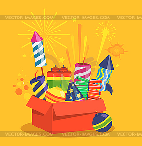 Fireworks and Pyrotechnics in Box on Yellow - vector clip art
