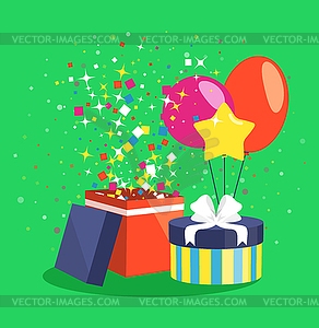 Air Ball Balloon Giftbox Gift and Confetti on Green - vector clipart / vector image