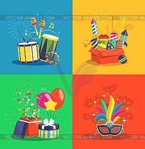 Carnival Concept with Music Pyrotechnics Gifts and - color vector clipart