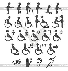 Set of disability people pictograms flat icons - vector clip art