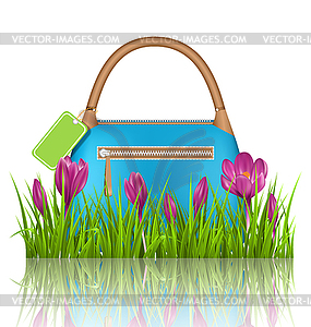 Blue woman spring bag with crocuses flowers and sal - vector image