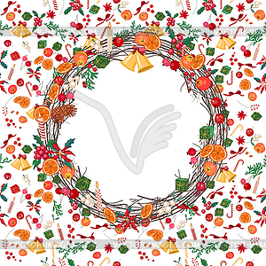 Round festive Christmas wreath with fruits - vector clipart