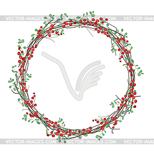 Round Christmas wreath with holly branches - vector image