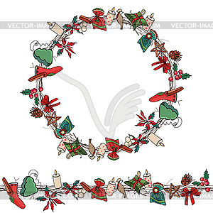 Round Christmas wreath with decoration - vector image