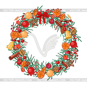 Round festive wreath with fruits, cookies, berries - vector clip art