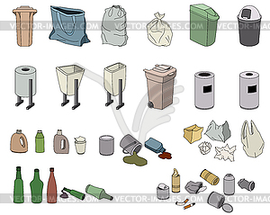 Different kinds of waste and varios rabbish bins - stock vector clipart