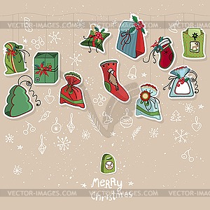 Template with hanging Christmas gifts. For festive - vector image