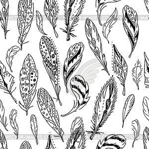 Seamless pattern with feathers. Black and white. - vector clipart